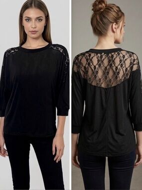 ROMWE Black Lace Shoulder Long Sleeve Top